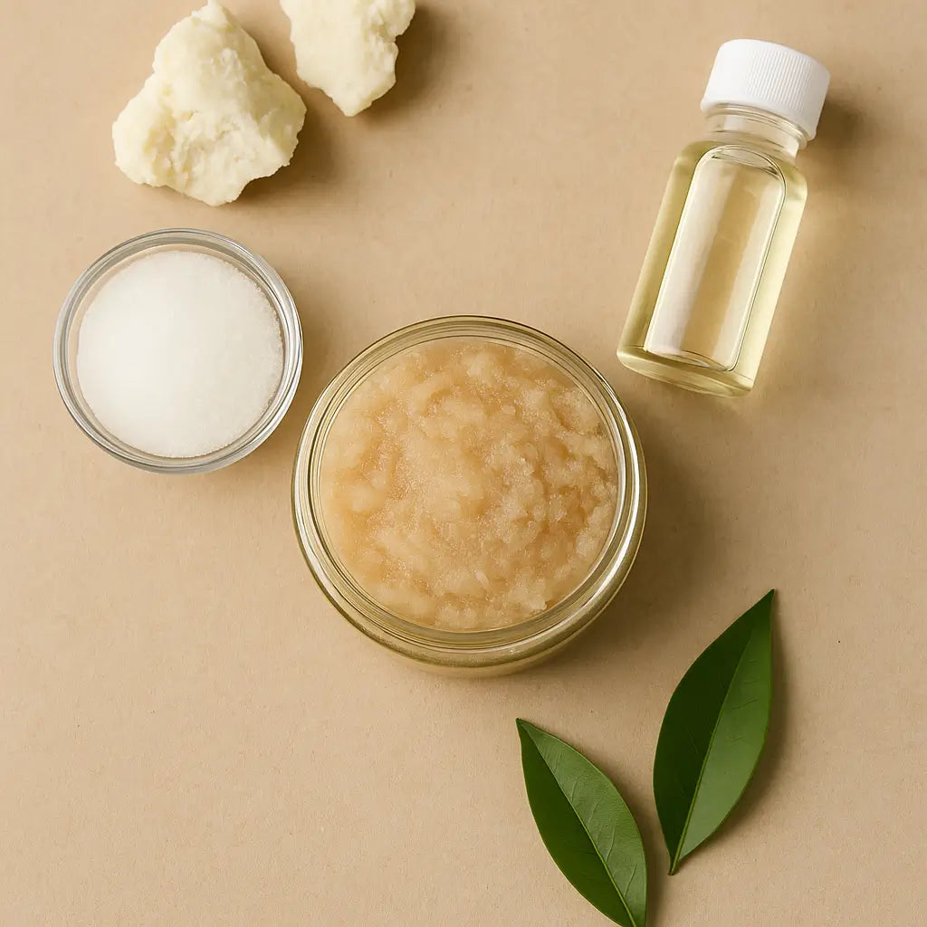 A photograph features a glass jar with a sugar scrub surrounded by shea butter chunks, a small oil bottle, white sugar, and green leaves on a soft beige background.