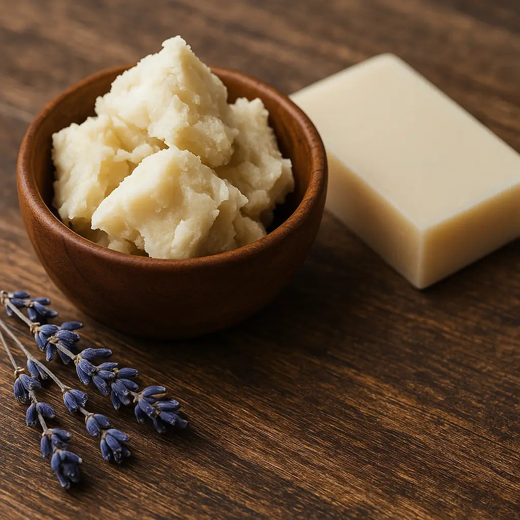Bowl of raw shea butter and bar soap with lavender on wood.