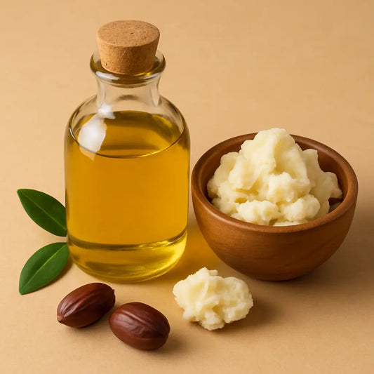 Jojoba oil and shea butter in natural containers.