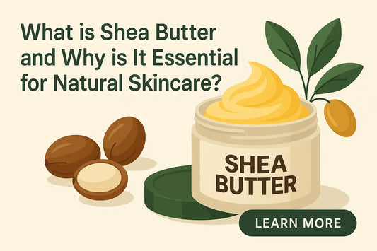 Illustration of Shea Butter with shea nuts and leaves, highlighting the natural skincare benefits of unrefined shea butter by Yellow Brick Road.