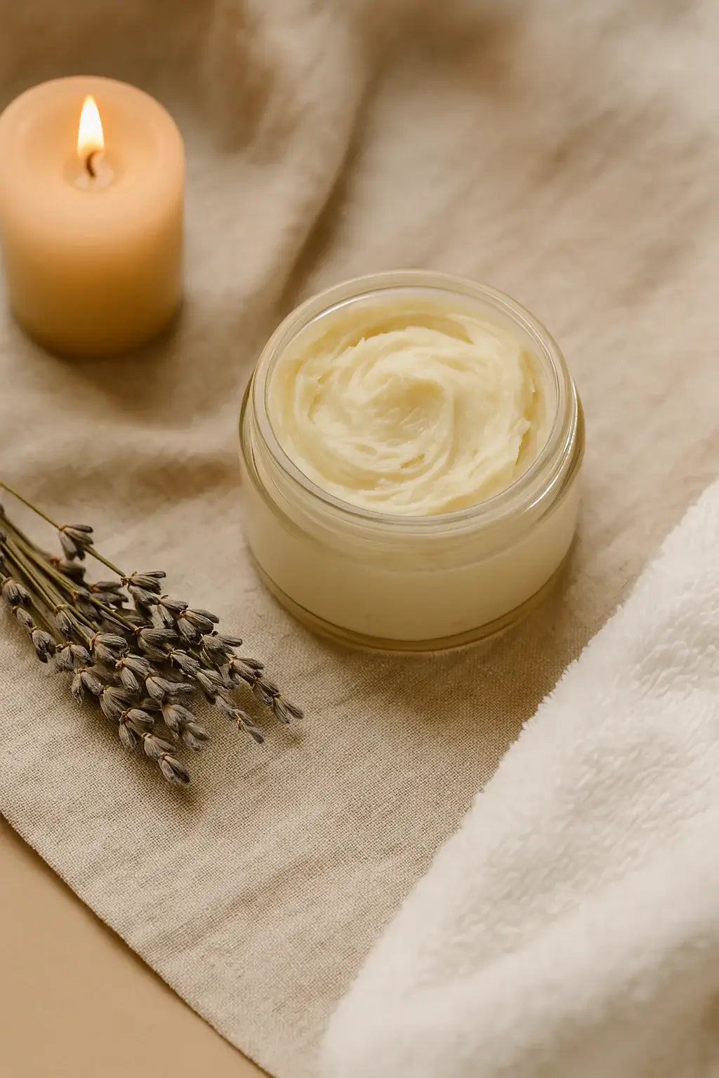 Shea butter night cream with candle and lavender on linen fabric.