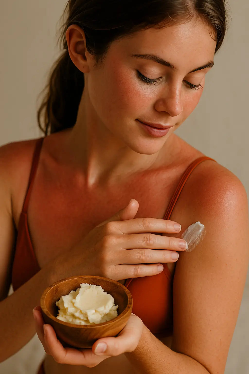 Woman applying cocoa butter to sunburned skin for soothing relief