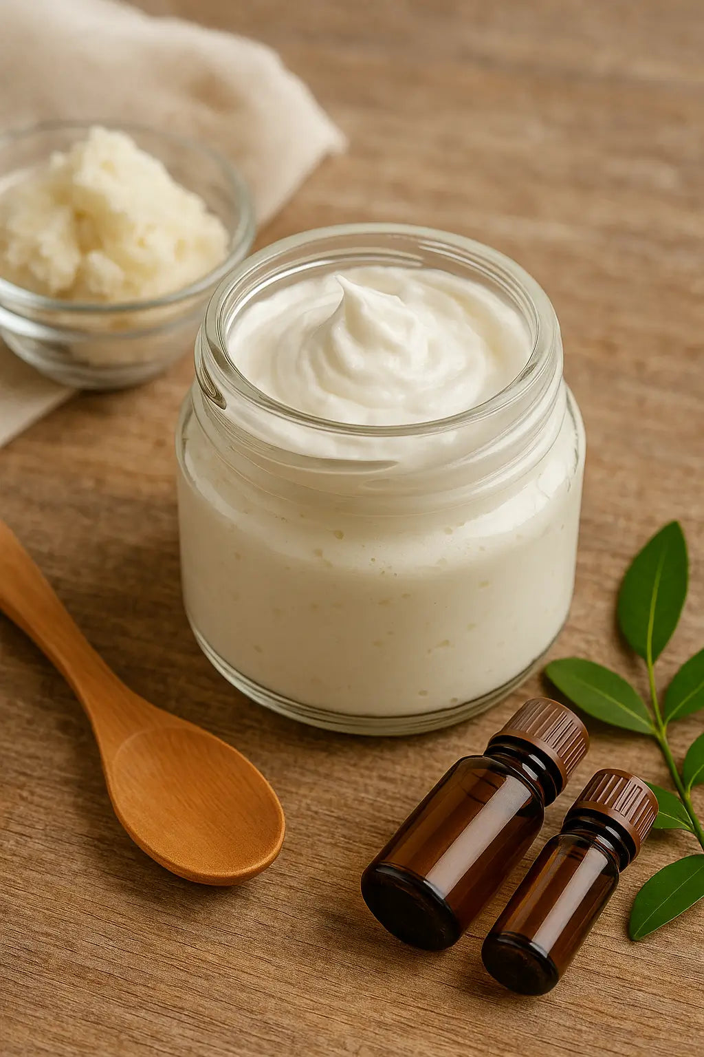 Homemade non-greasy shea butter lotion in glass jar with essential oils.