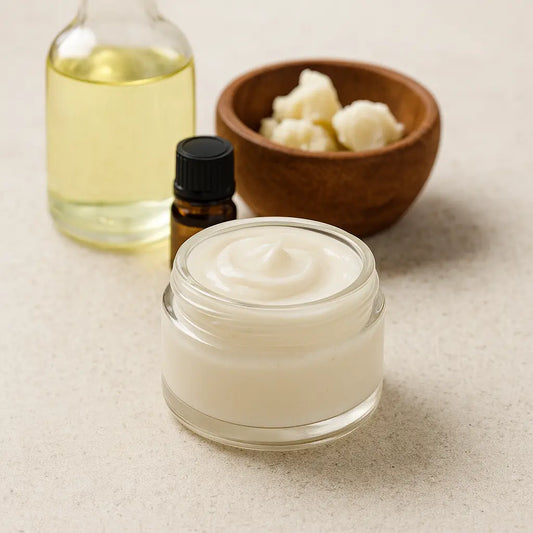 A jar of pure cocoa butter next to natural oils and wooden hairbrush, ideal for nourishing and moisturizing dry, damaged hair.