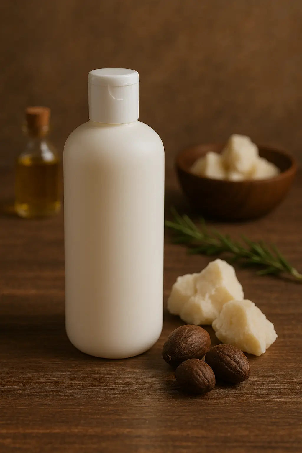 Shea butter lotion bottle with raw shea and nuts on a wooden table.