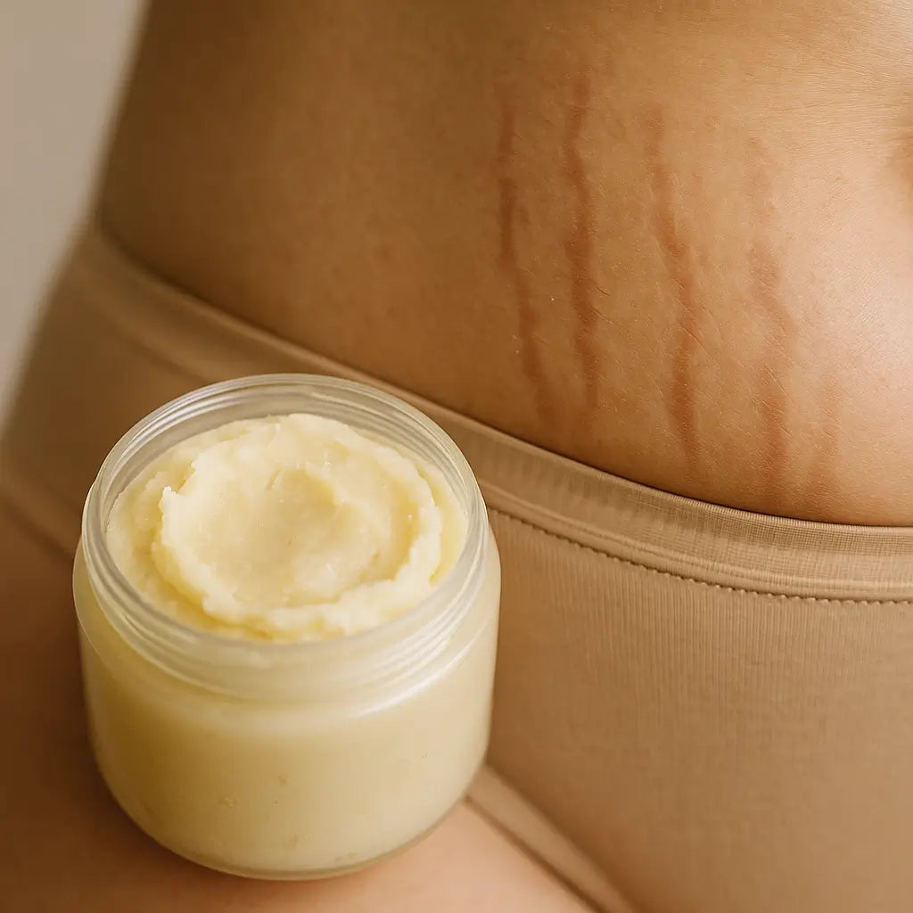 Jar of shea butter beside stretch marks on lower abdomen.