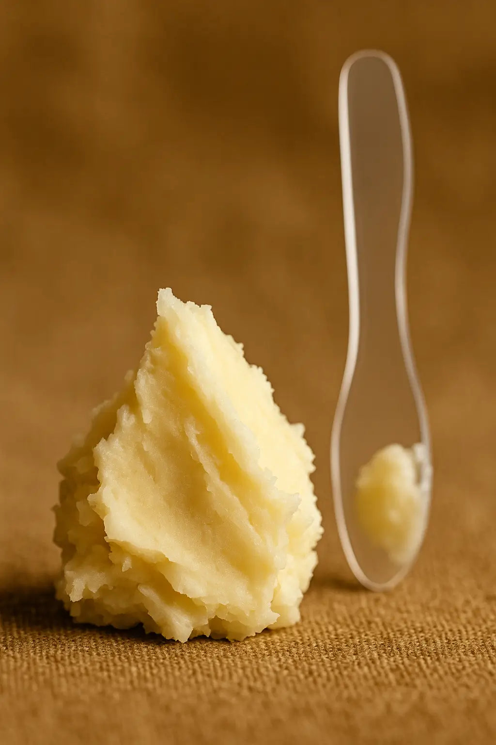 Raw shea butter with a clear spoon on a brown background.