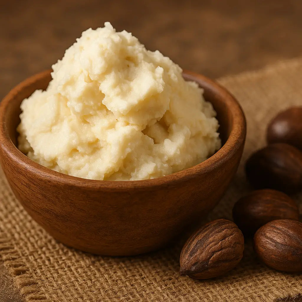 Pure unrefined shea butter in wooden bowl with raw shea nuts