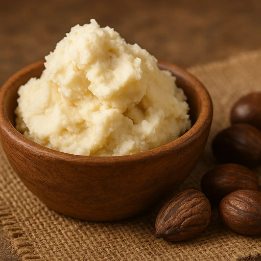 Pure unrefined shea butter in wooden bowl with raw shea nuts
