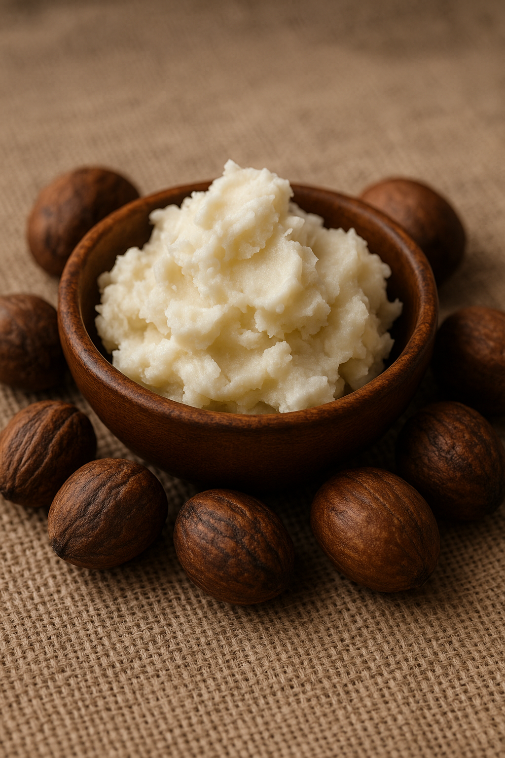 Jar of pure Shea Butter on neutral background — natural moisturizer for glowing skin.