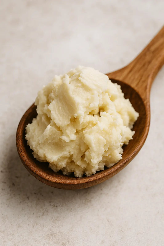 Unrefined Shea Butter in a wooden bowl surrounded by Shea nuts.