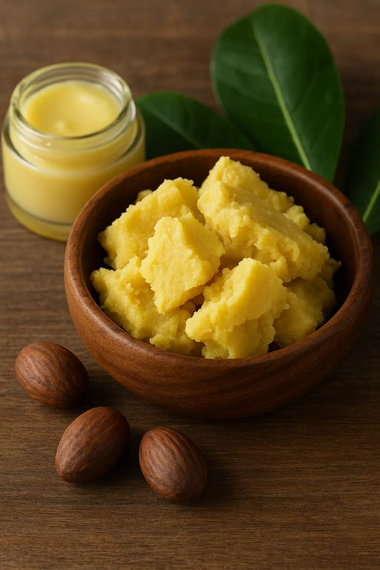 Jar of pure Shea Butter with shea nuts — natural moisturizer for radiant, healthy skin.