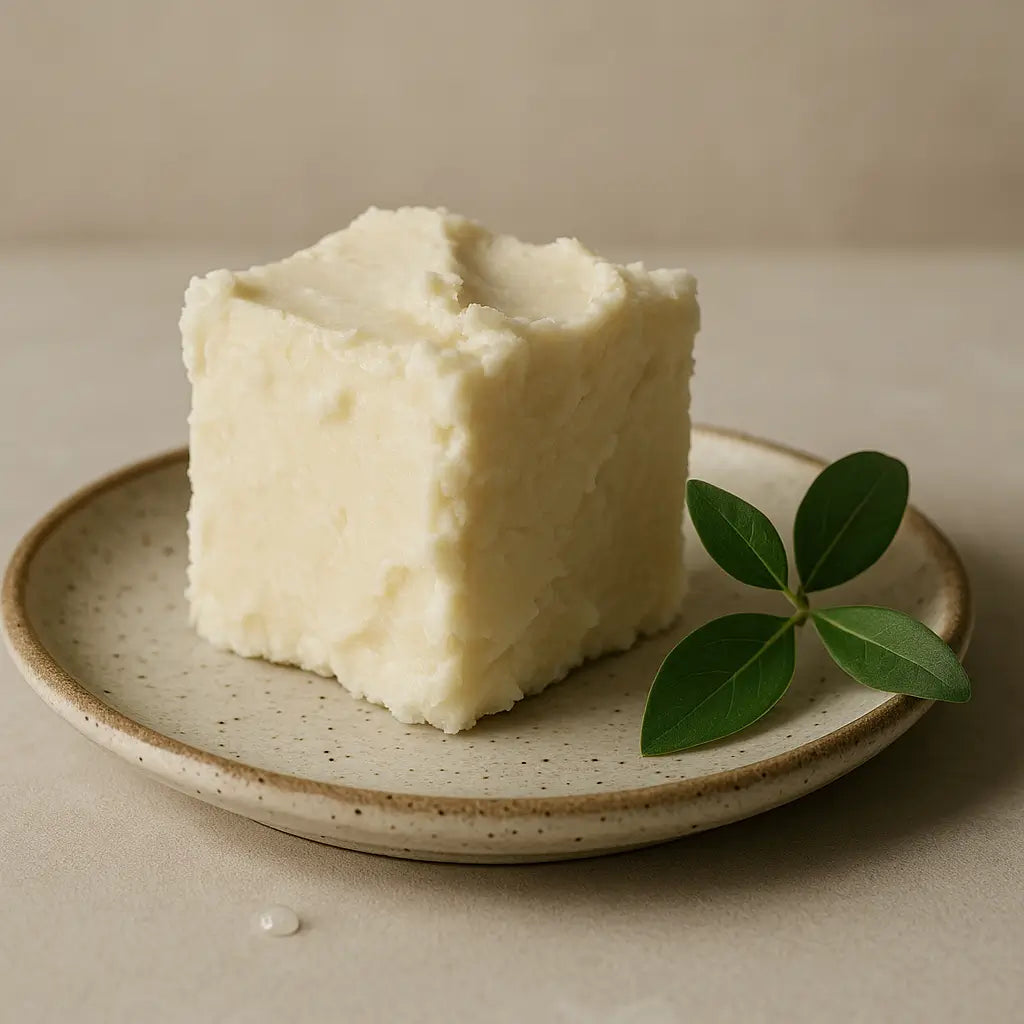 Raw shea butter in a glass jar surrounded by natural ingredients, symbolizing daily skincare rituals and the natural benefits of pure shea butter for healthy, glowing skin.