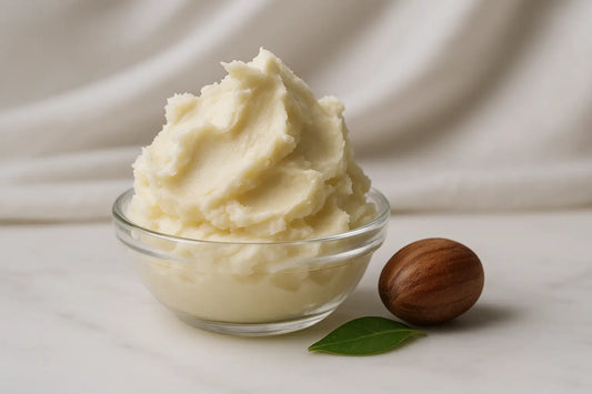 Jar of natural shea butter on a wooden surface surrounded by skincare elements, symbolizing self-confidence, natural glow, and daily skin nourishment."