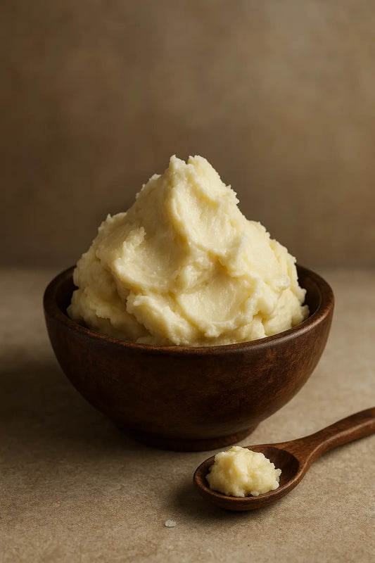 Pure shea butter in a glass jar surrounded by natural skincare elements, symbolizing hydration, healing, and the natural glow achieved through real shea butter.