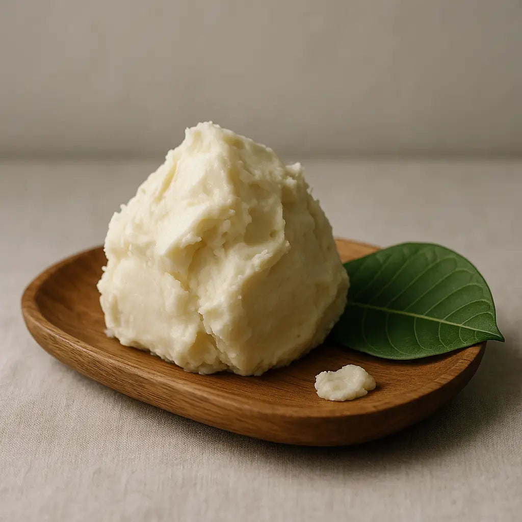 Close-up of natural unrefined shea butter in a wooden bowl surrounded by skincare elements, symbolizing skin renewal, healing, and restoration through natural care.