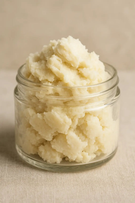 Jar of pure Shea Butter next to Shea nuts — natural moisturizer for skin and hair.