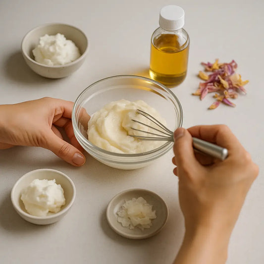 "Close-up of natural skincare ingredients like shea butter, cocoa butter, and mango butter arranged on a rustic wooden surface, symbolizing DIY skincare as a radical act of self-care and sustainability.