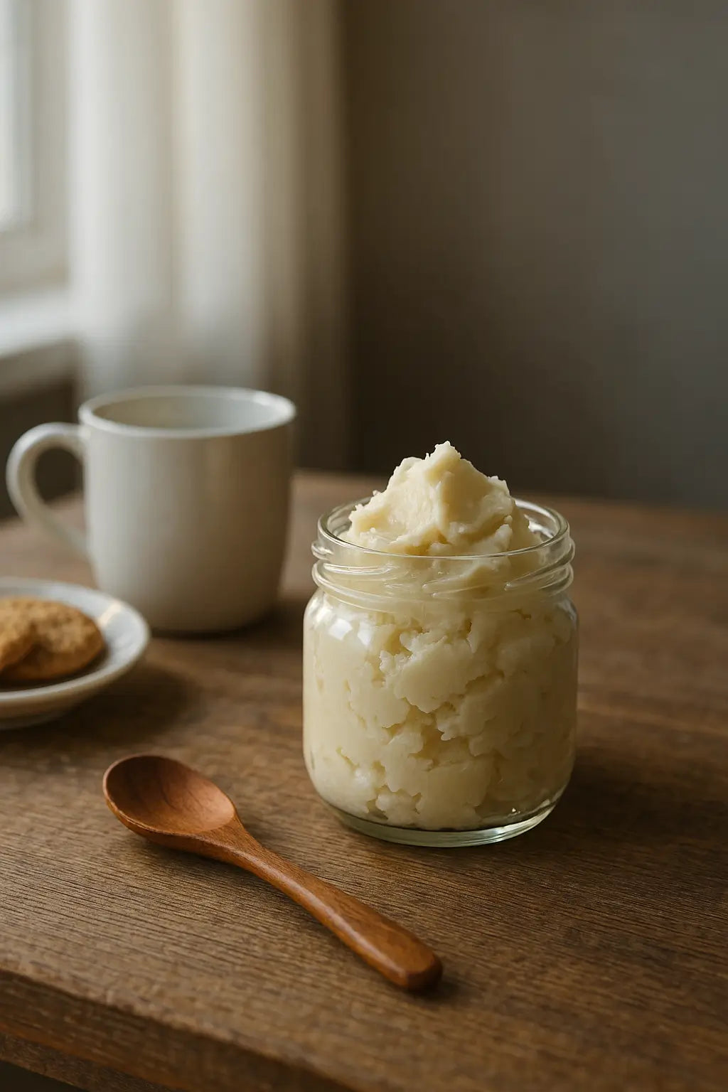 Close-up of shea butter and natural skincare ingredients on a rustic wooden surface, symbolizing skin longevity through daily rituals and natural care.