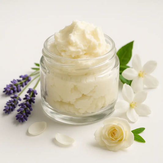 Jar of raw shea butter with natural shea nuts placed on a rustic wooden table, symbolizing deep hydration and healing for dry hands and cracked feet.