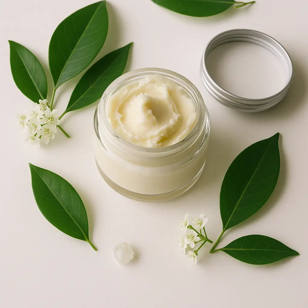 Natural shea butter and skincare elements arranged on a rustic surface, representing preventive skincare as protection for long-term skin health.