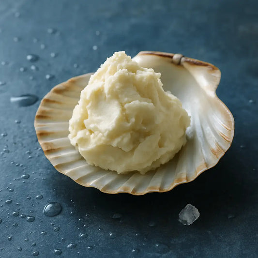 Jar of raw shea butter with natural elements on a rustic wooden surface, symbolizing skincare as a promise to the future self through hydration and long-term protection.