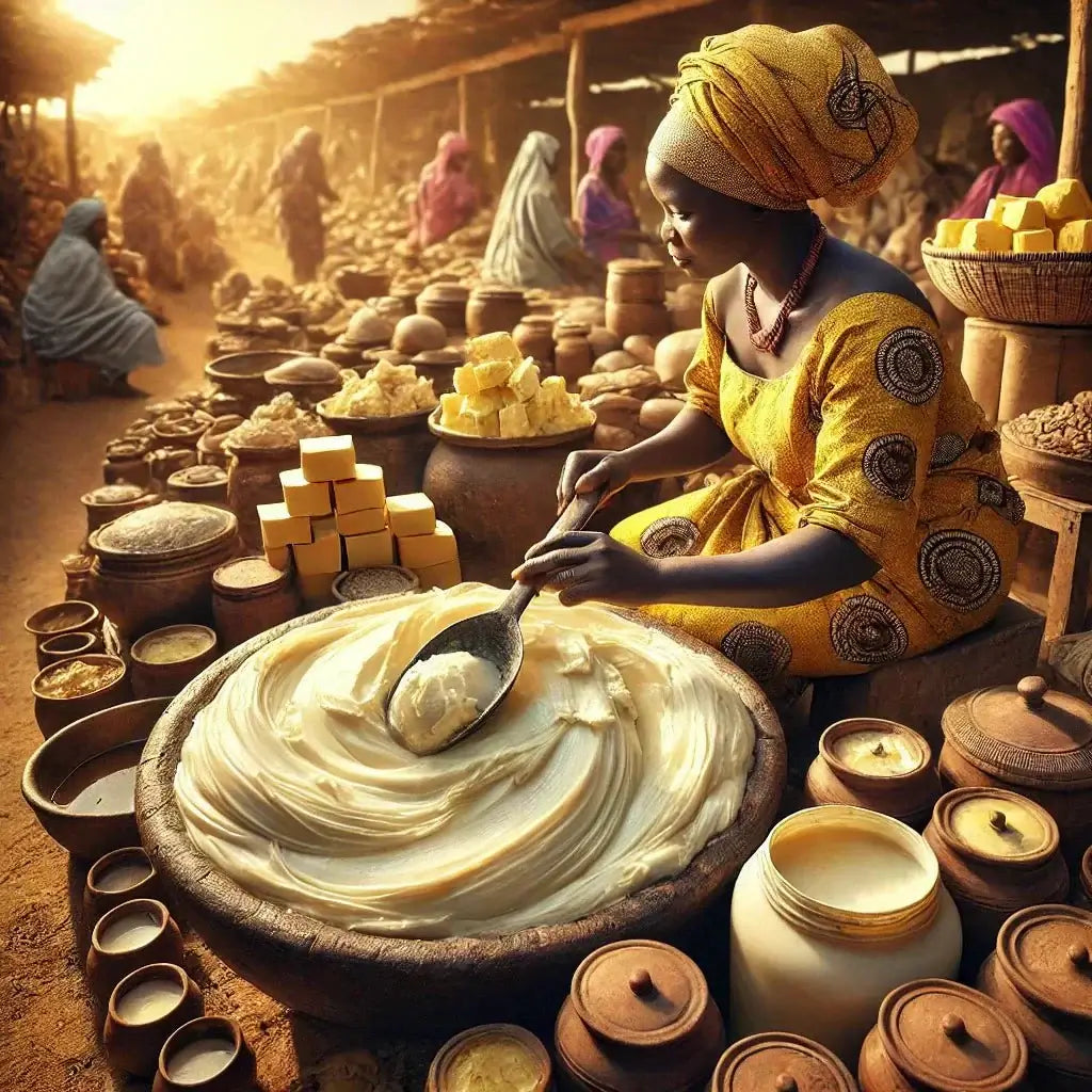African woman selling traditional shea butter at vibrant outdoor market.