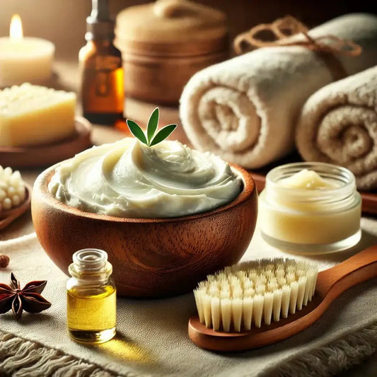 Luxurious shea butter skincare set with oils, brushes, and towels
