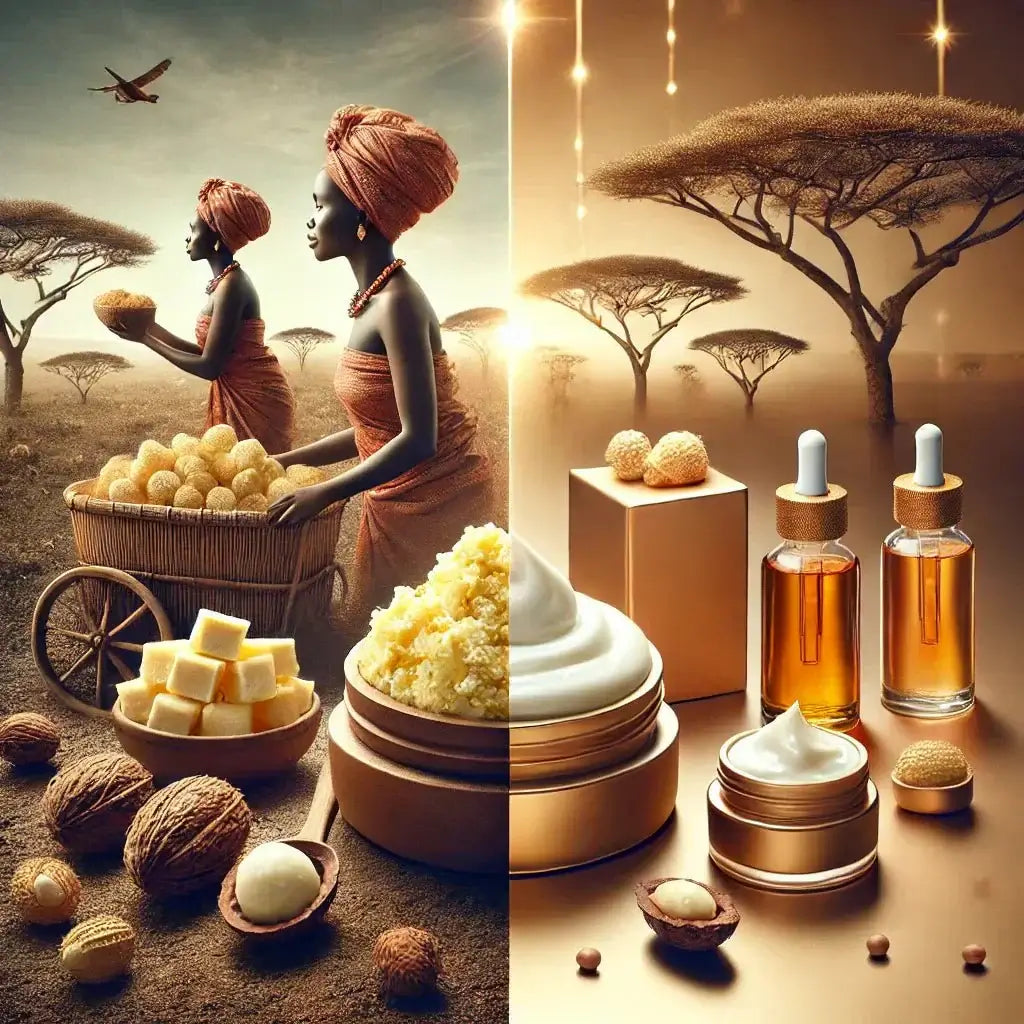 Shea butter skincare products with African women harvesting nuts in savanna.