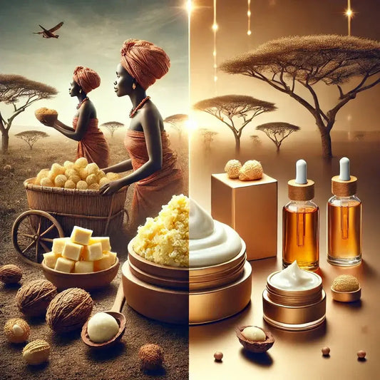 Shea butter skincare products with African women harvesting nuts in savanna.