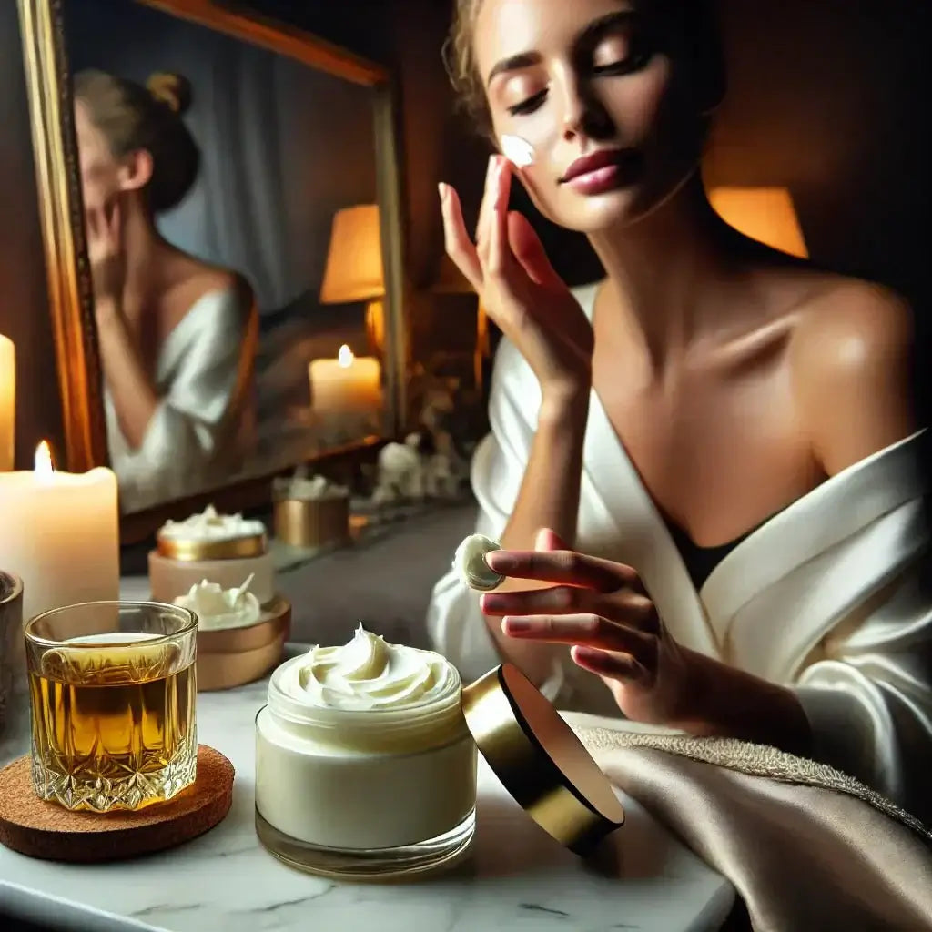 Woman applying shea butter night cream for deep overnight hydration.