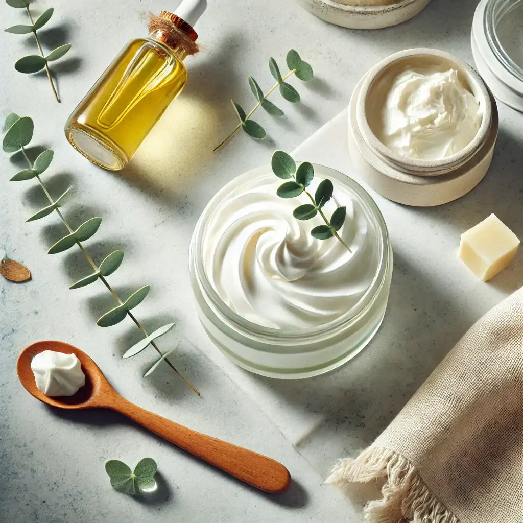 Luxurious DIY whipped shea butter body cream in glass jar with herbs.