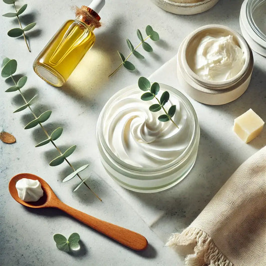 Luxurious DIY whipped shea butter body cream in glass jar with herbs.