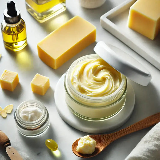 Whipped yellow shea butter body butter in a glass jar with natural ingredients.