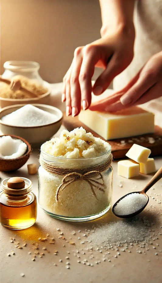 Shea butter scrub and natural ingredients for smooth, glowing skin