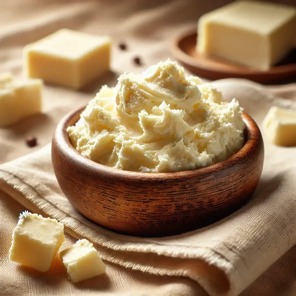 Creamy DIY after-sun lotion with shea butter in a wooden bowl
