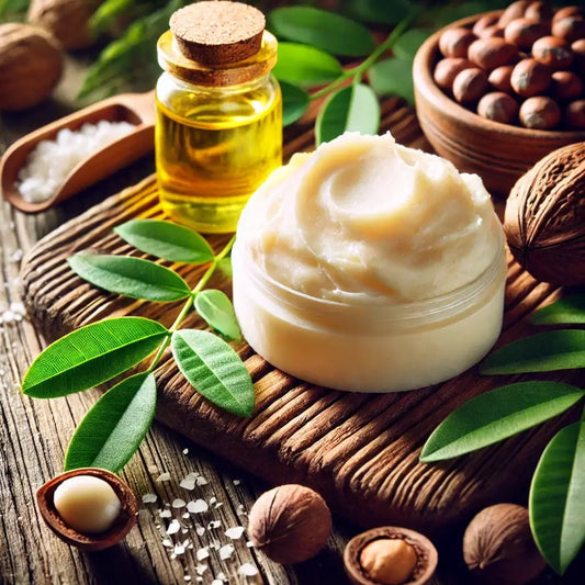 Yellow shea butter in jar with nuts and oil on rustic table