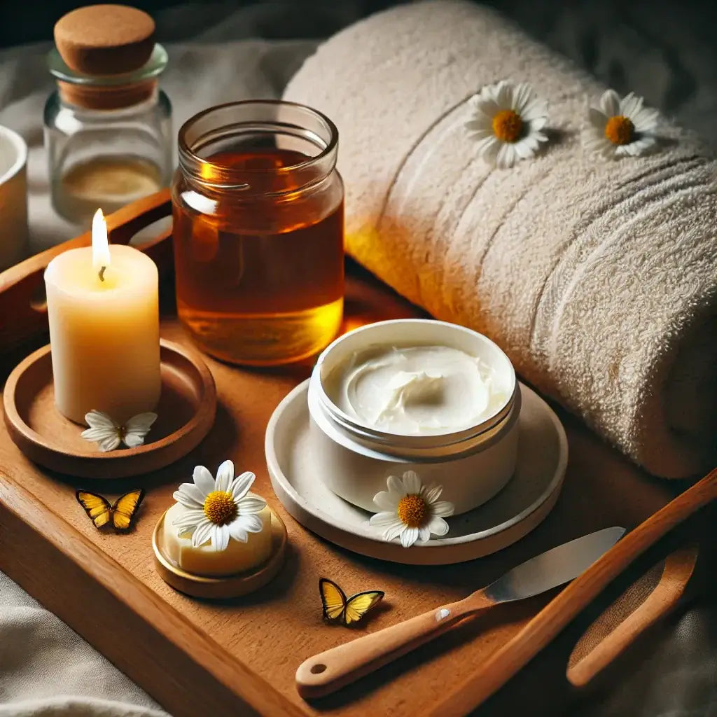 Nighttime shea butter ritual with candle, cream, and chamomile