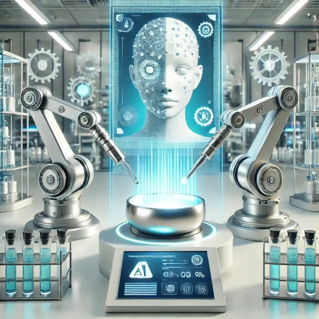 AI-powered robotic arms crafting natural beauty formulas in high-tech lab.