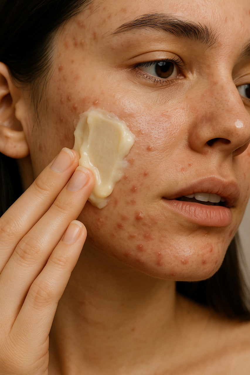 Woman applying shea butter on acne-prone skin