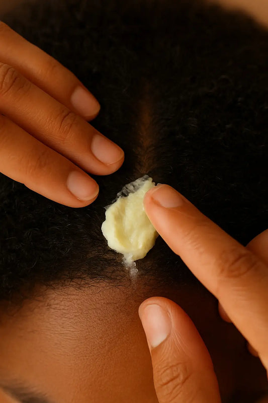 Person applying raw shea butter to fingers for hair treatment, showing natural shine and moisturizing benefits for healthier hair.