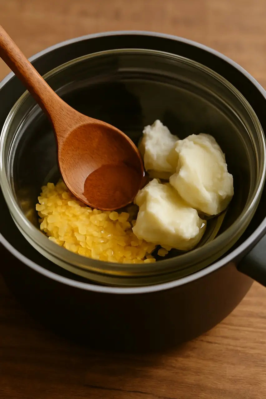 Carnauba wax and shea butter being melted together for a homemade skincare balm