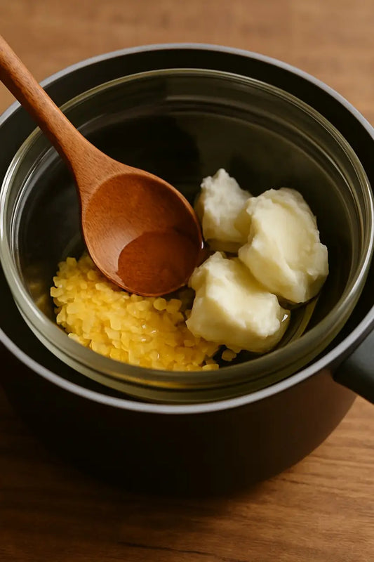 Carnauba wax and shea butter being melted together for a homemade skincare balm