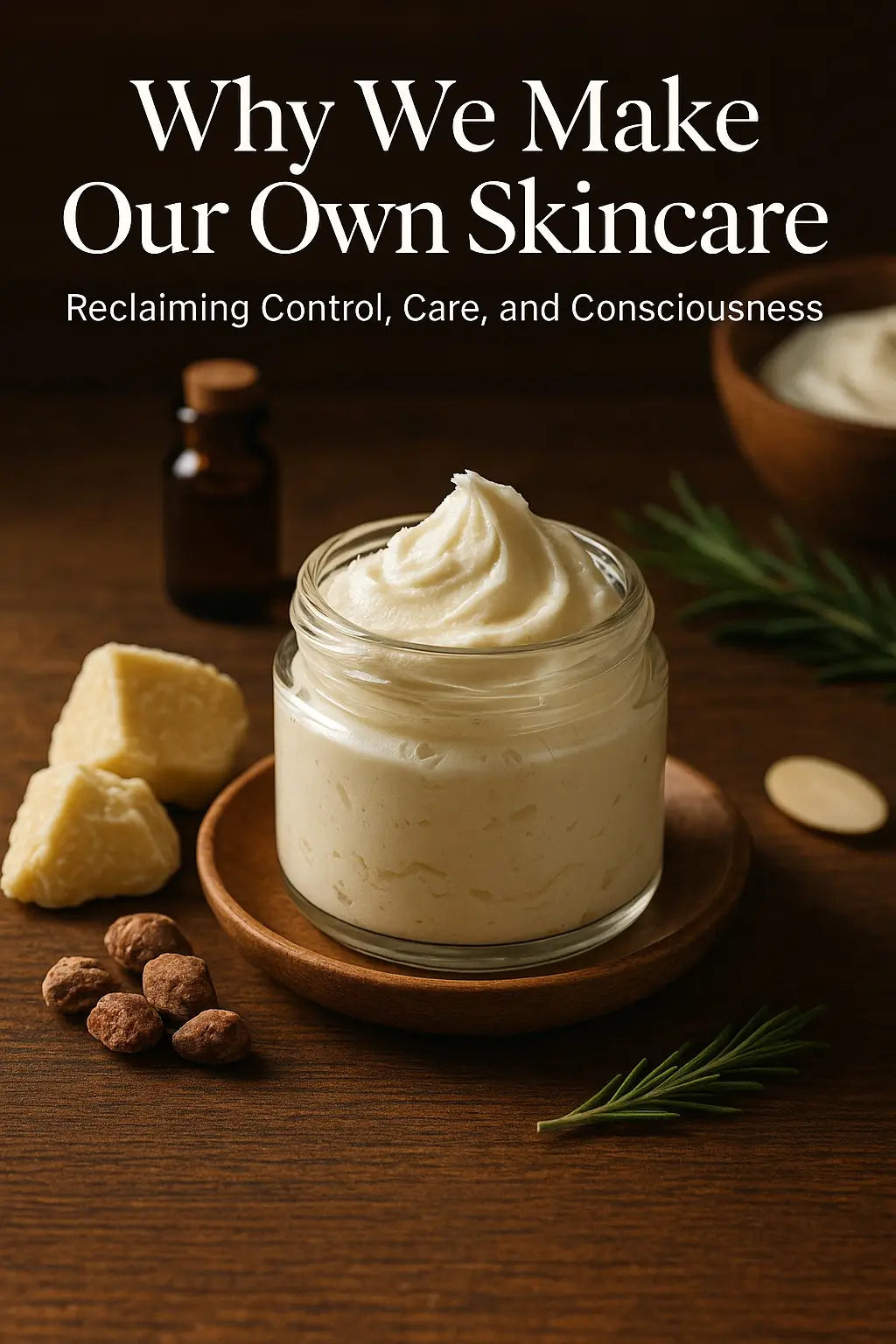 Whipped shea butter in a glass jar surrounded by natural ingredients, representing conscious DIY skincare and self-care rituals