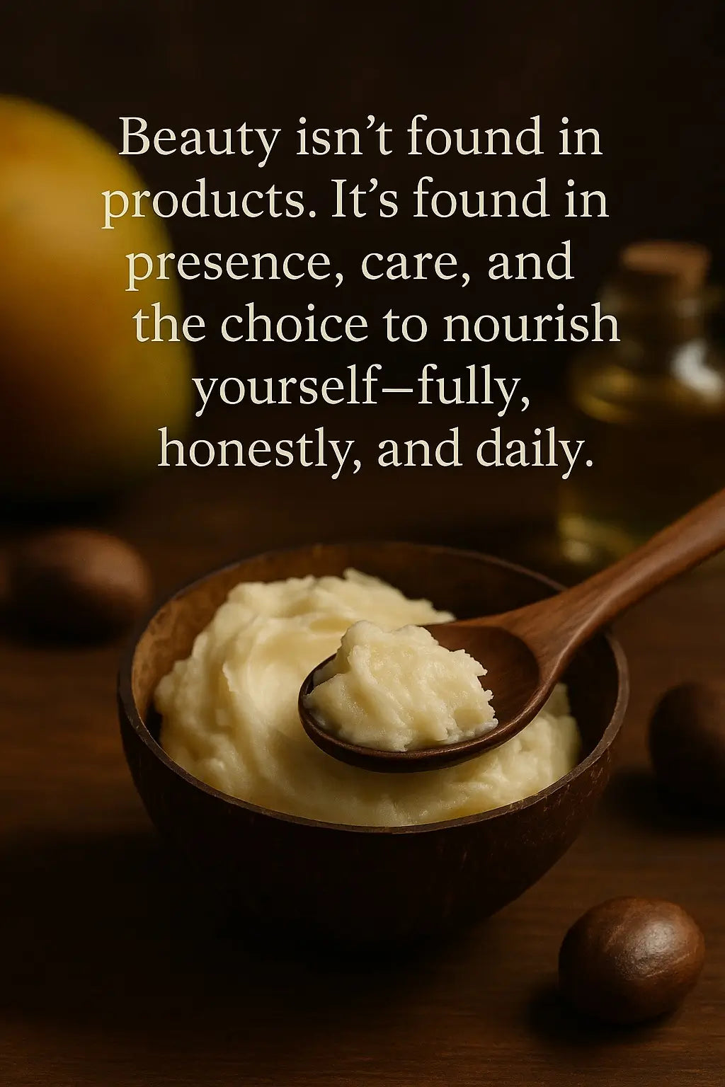 A wooden spoon scooping raw shea butter from a bowl, surrounded by natural ingredients, symbolizing simple, intentional beauty rituals.