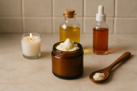 Jar of shea butter with oils and candle on marble surface.