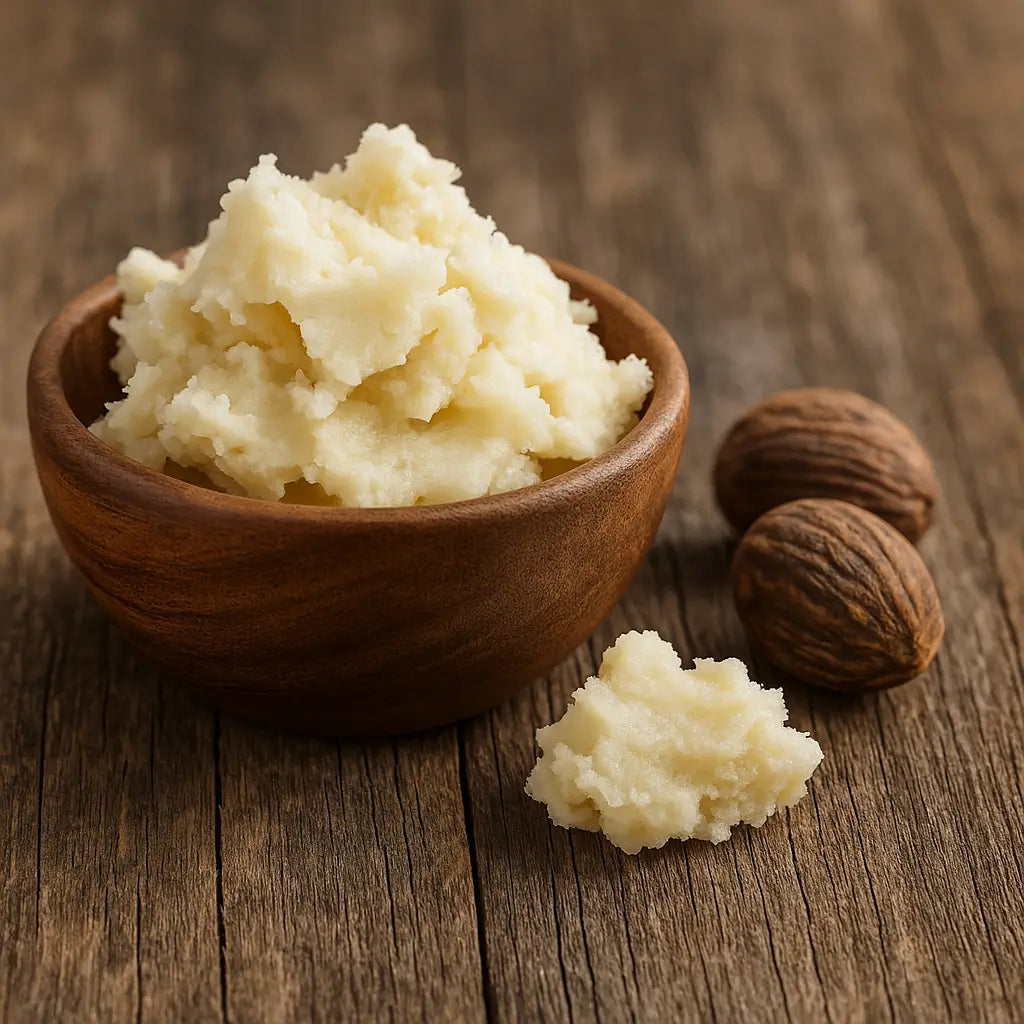 May Shea Fresh shea butter in wooden bowl with raw shea nuts on rustic table