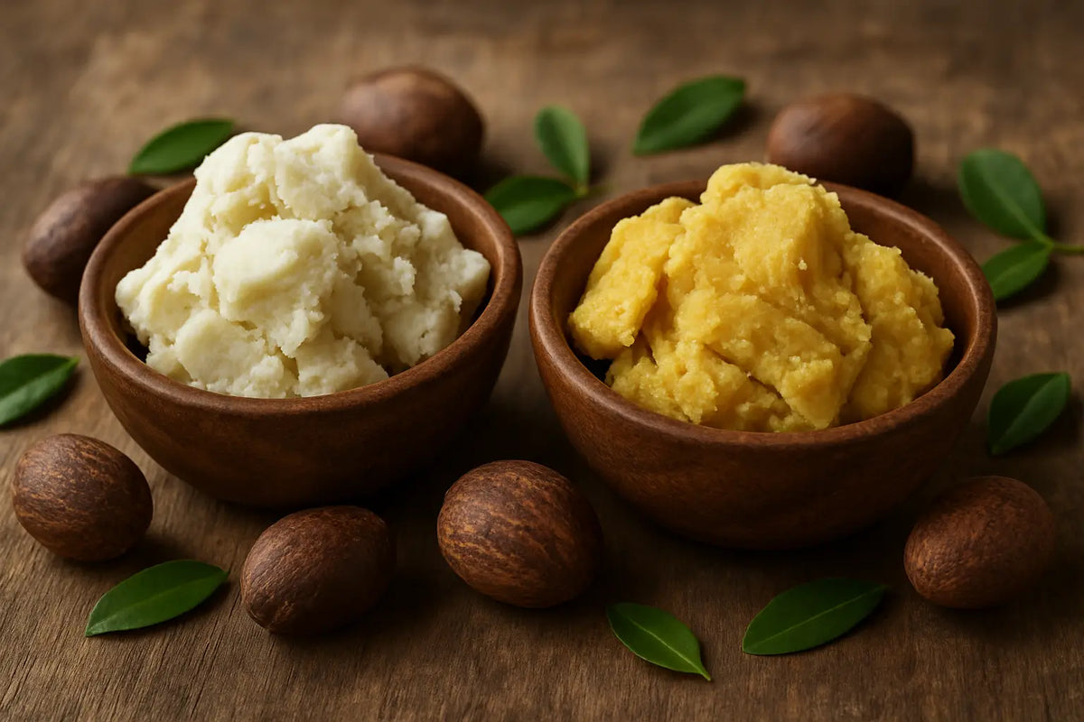 Yellow vs. ivory shea butter in wooden bowls with shea nuts and leaves.