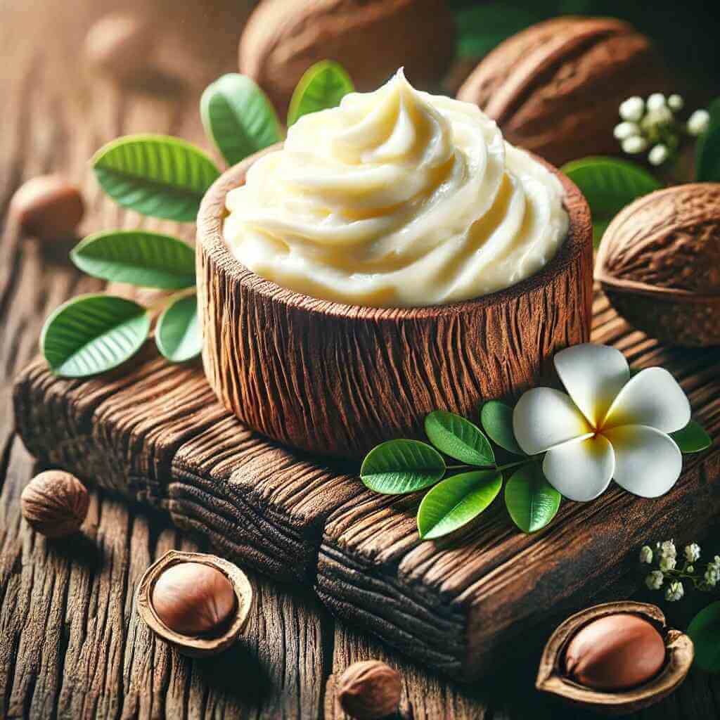 Botanical anti-inflammatory cream with nuts and tropical flowers.