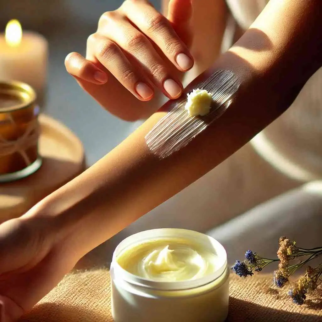 Applying shea butter to soothe inflammation on the arm.